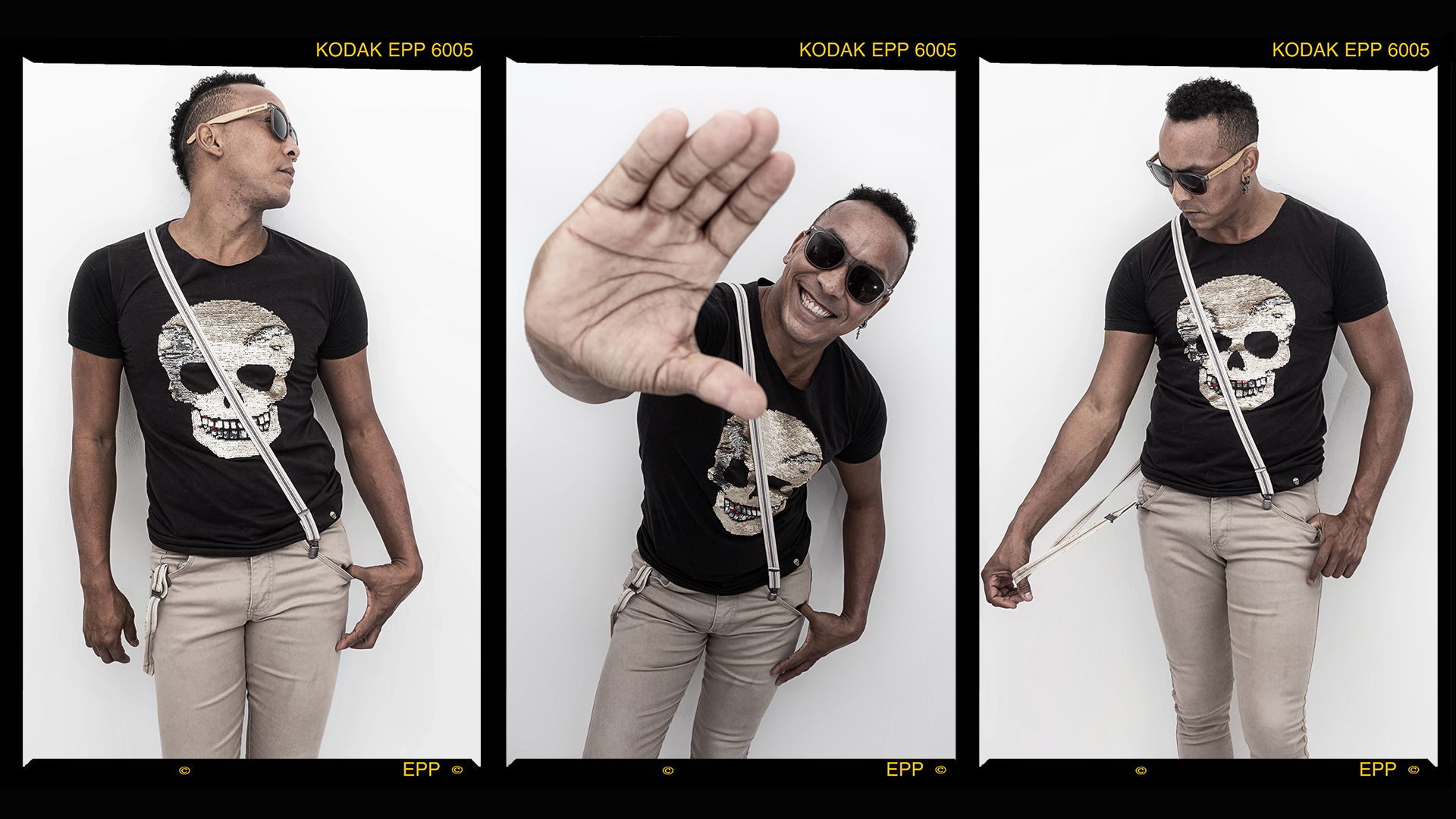 Três retratos em sequência com bordas de negativo Kodak, como uma folha de contato de filme.