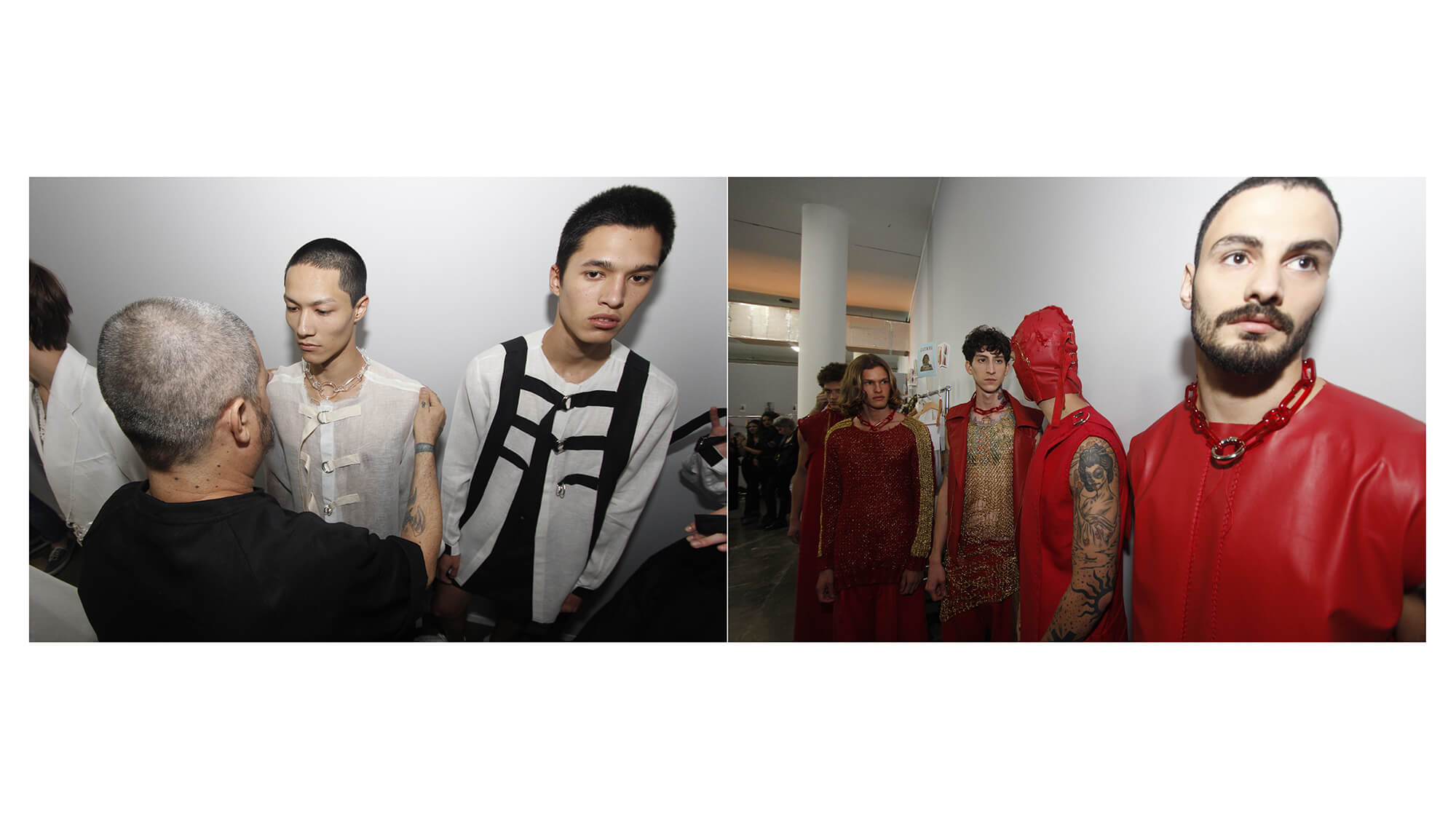 Bastidores de desfile: modelos com os looks sendo preparados antes de entrar em cena.