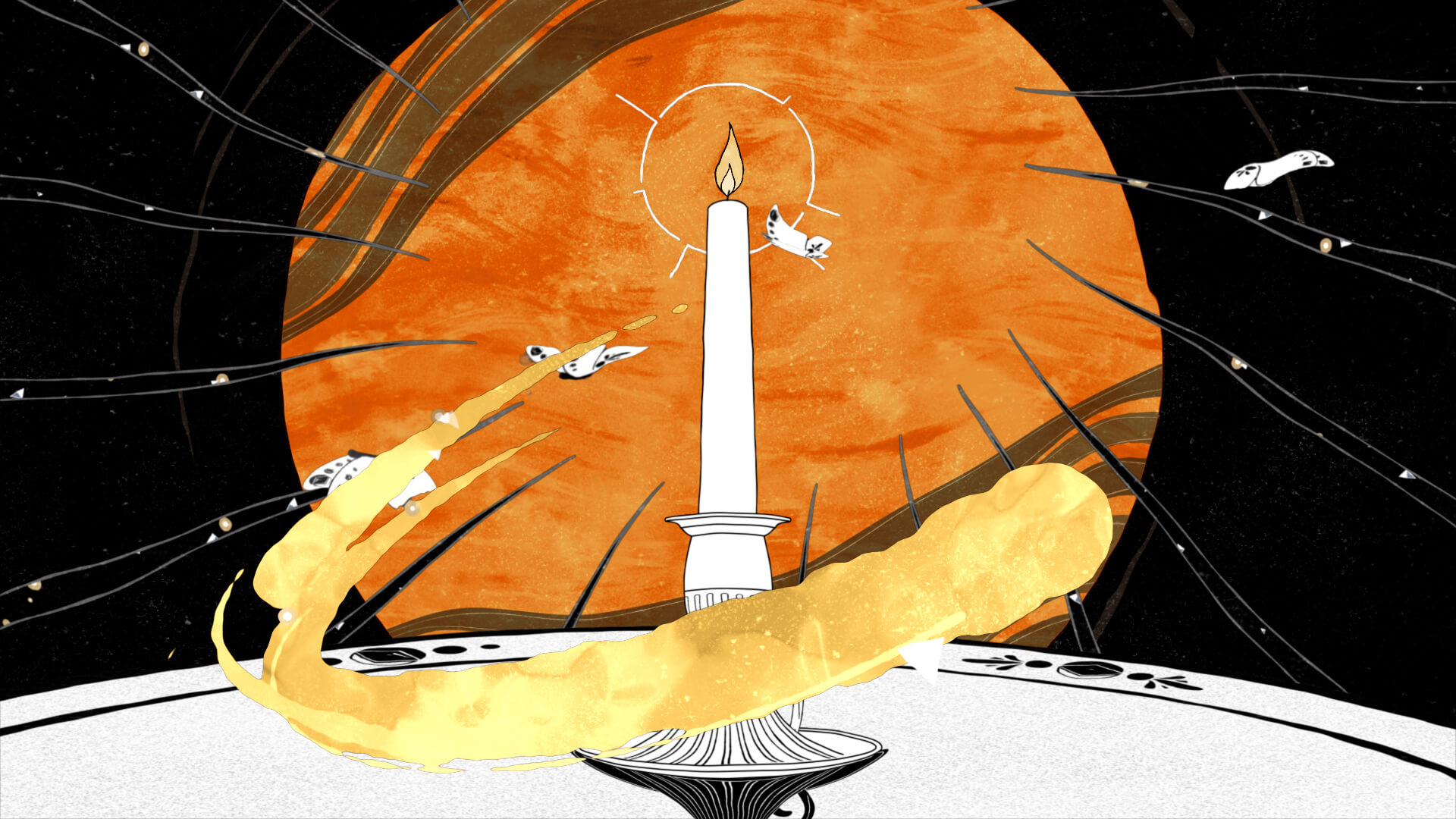 Quadro de motion graphics com a vela ilustrada diante de um sol laranja estilizado.