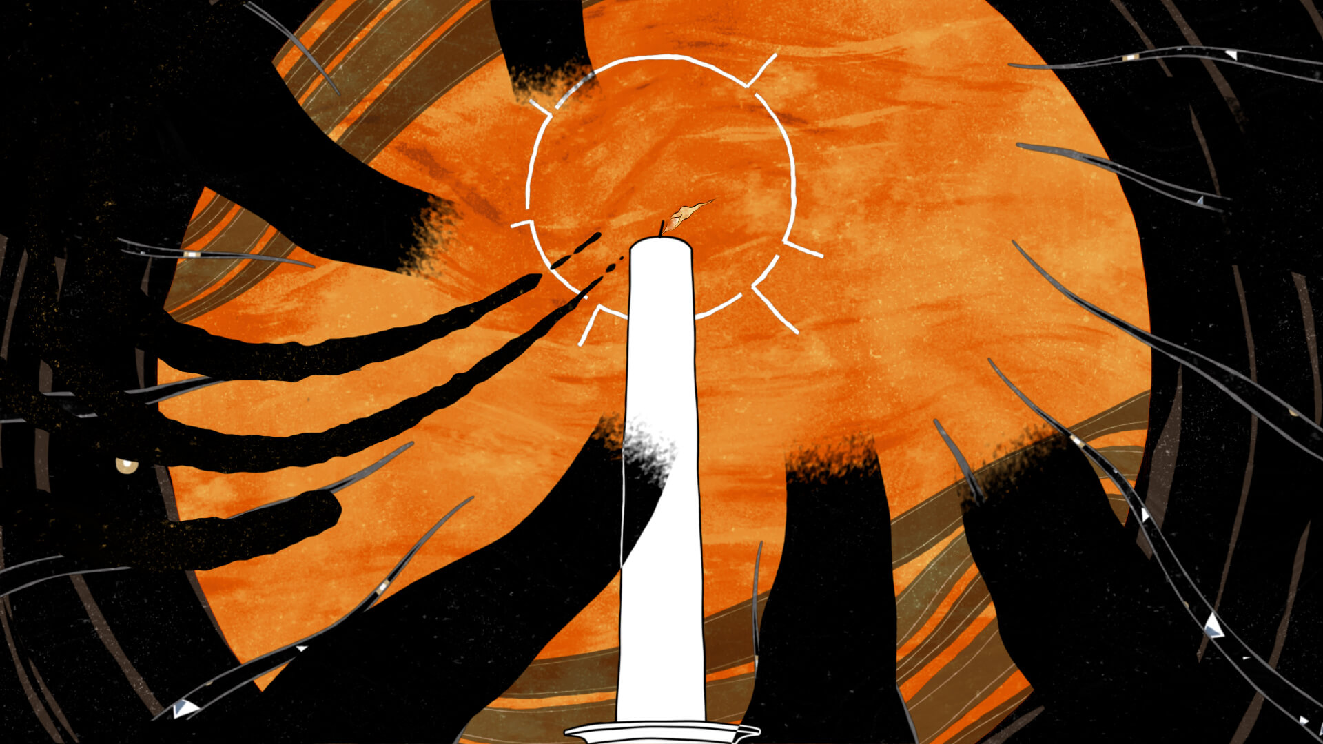 Quadro de motion graphics com formas laranja e pretas em movimento ao redor da vela.