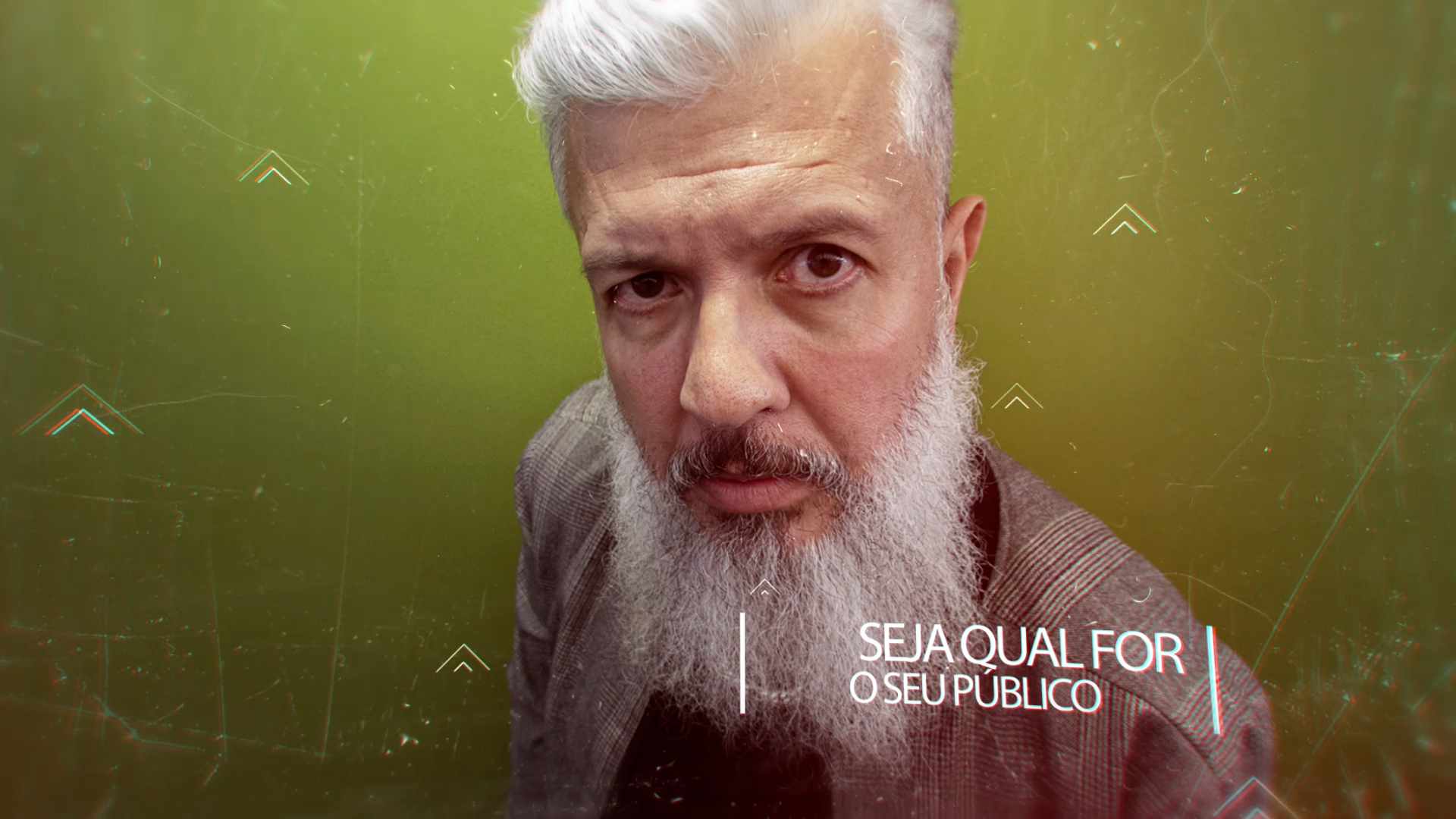 Quadro de vídeo com retrato de um homem de barba branca e a frase “Seja qual for o seu público”.