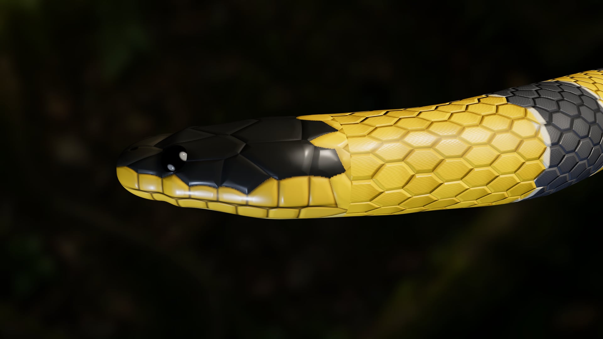 Close lateral da cabeça da cobra em 3D: coroa escura de placas grandes, olho preto brilhante, escamas labiais amarelas e colar amarelo.