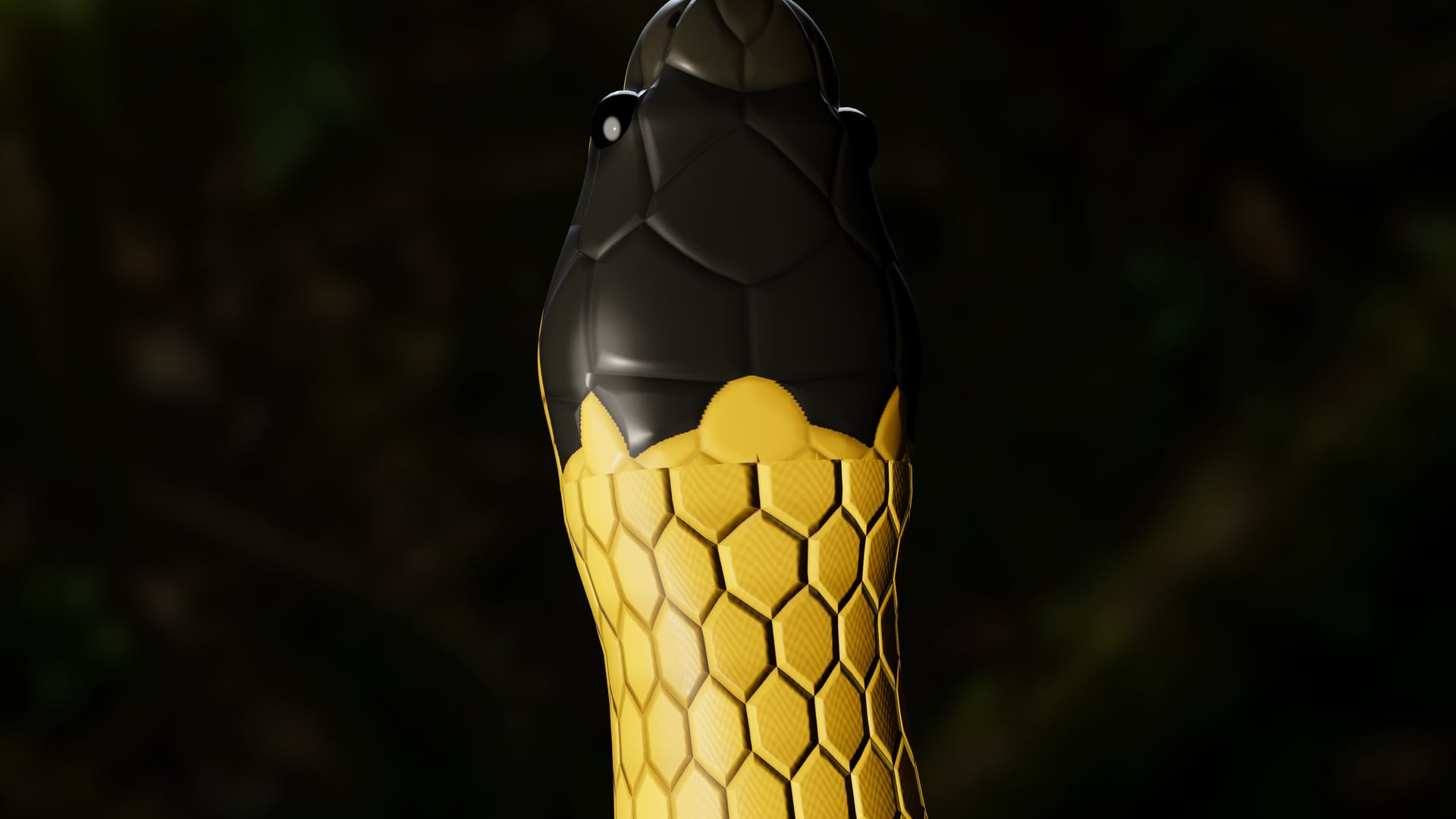 A cabeça da cobra vista de cima, com as placas escuras simétricas e o colar amarelo.