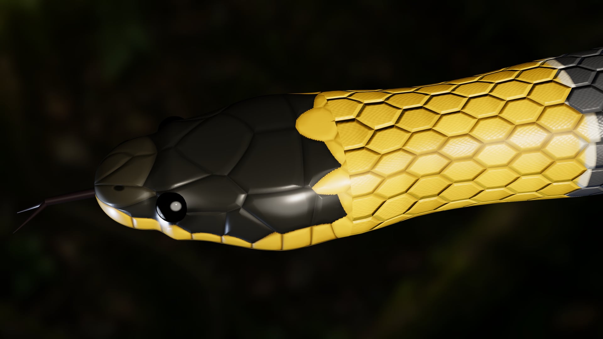 Close da cabeça da cobra com a língua bifurcada escura para fora, entre o focinho e o olho.