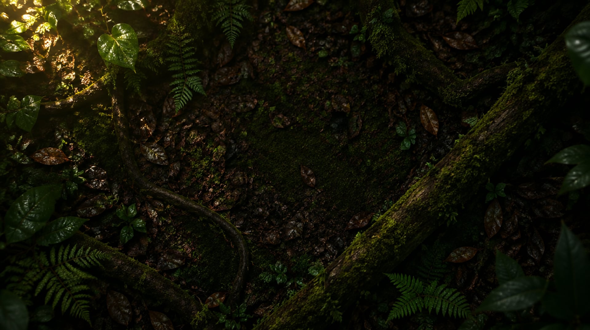 Chão da Mata Atlântica visto de cima: musgo, folhas secas, raízes, samambaias e um tronco coberto de musgo, com luz quente vinda do alto à esquerda.