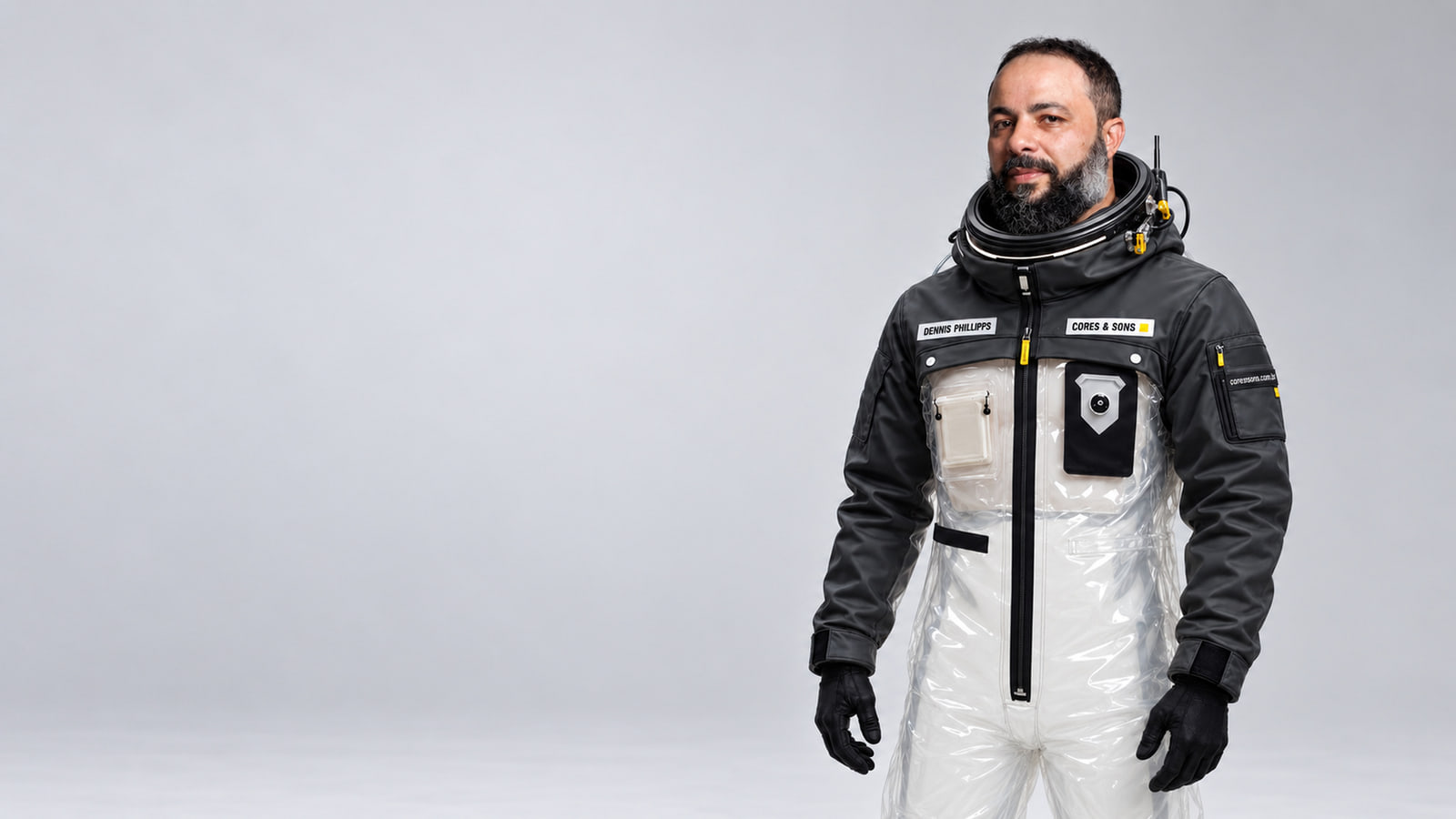 Retrato de moda com traje futurista, criado com direção de arte e IA.