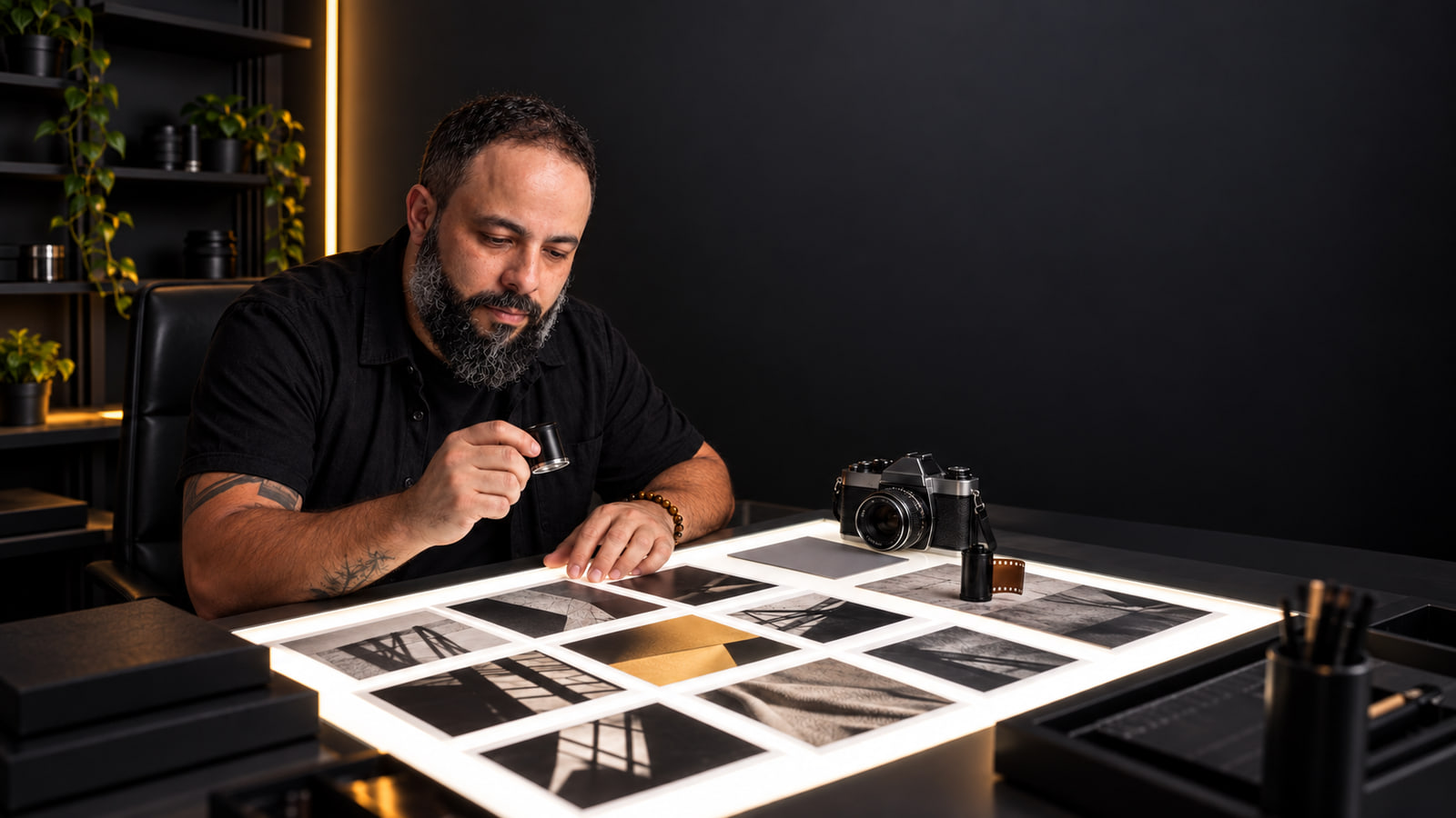 Mesa com folhas de contato e referências fotográficas espalhadas, usadas para definir o conceito.
