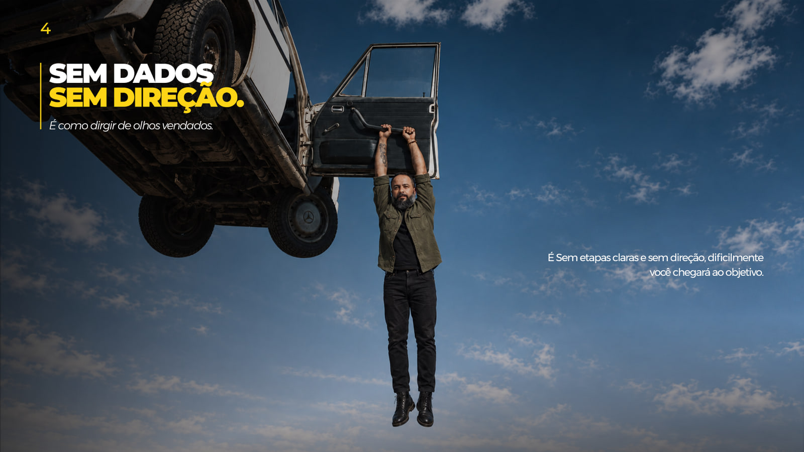 Dennis Phillipps pendurado na porta de um jipe suspenso no céu azul, com a frase “Sem dados, sem direção”.