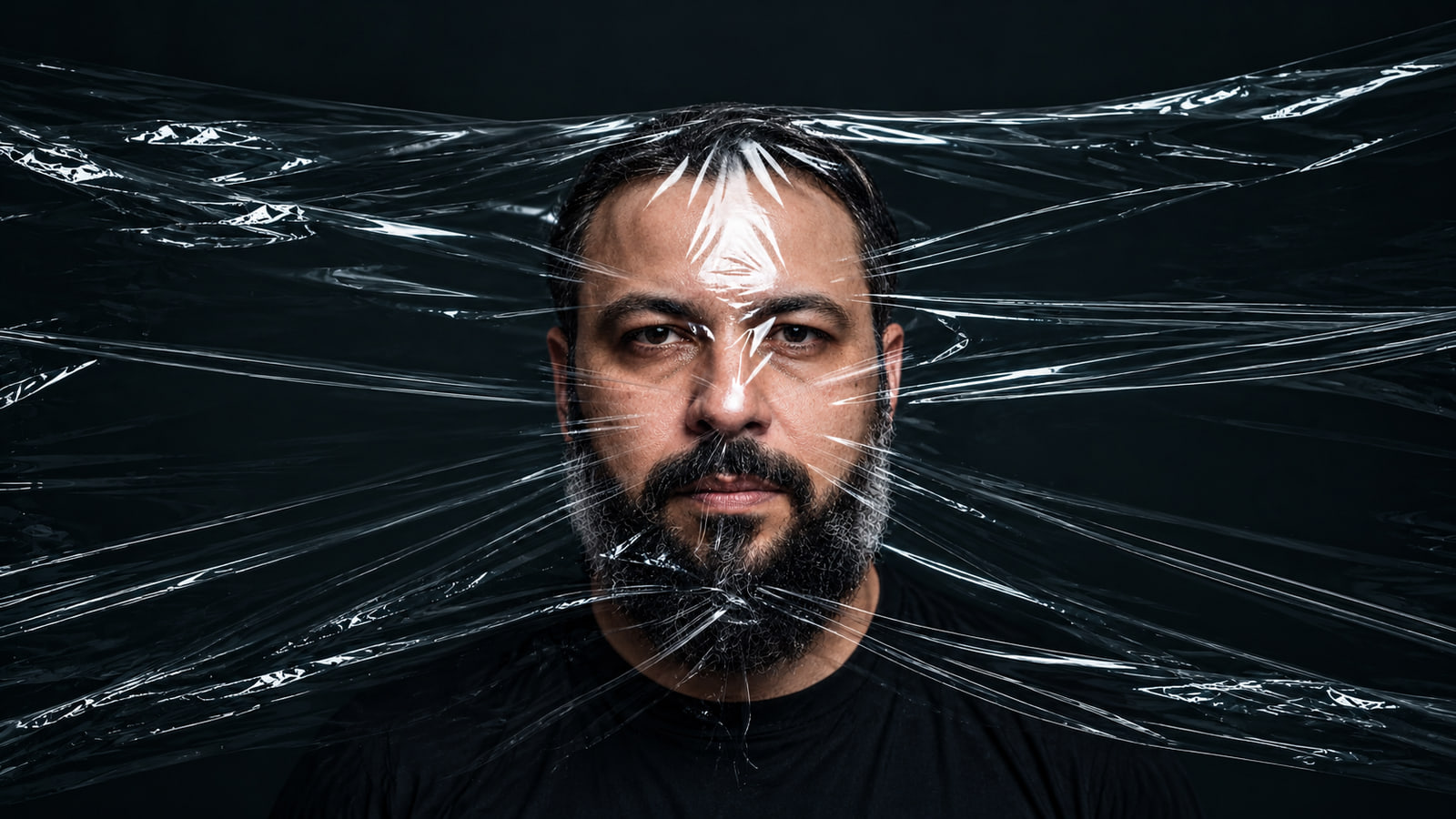 Retrato frontal com o rosto envolto em plástico transparente esticado, sobre fundo preto.