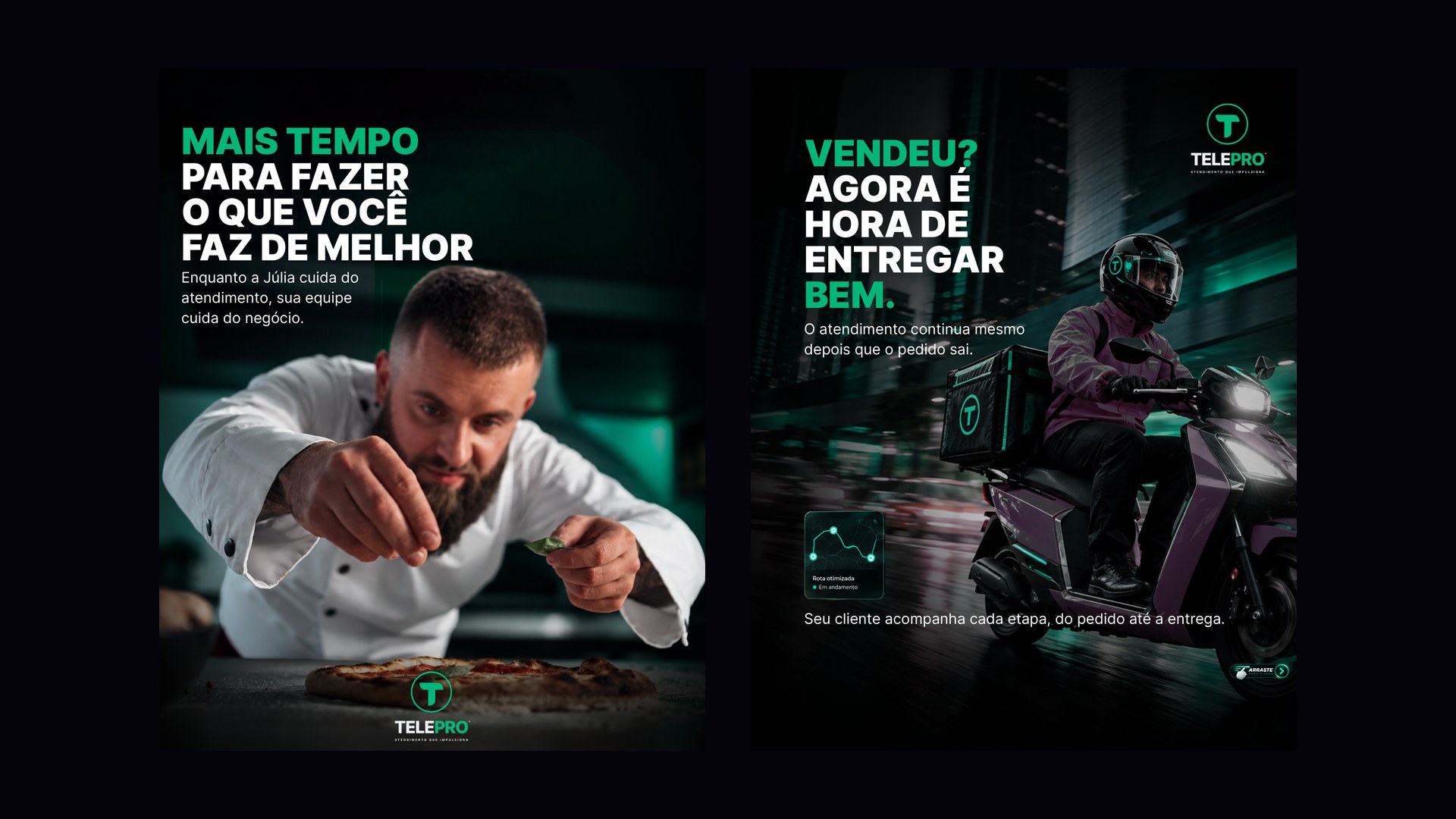 Primeiros slides dos carrosséis A1 e A2 da TELEPRO lado a lado: pizzaiolo com “Mais tempo para fazer o que você faz de melhor” e entregador de moto com “Vendeu? Agora é hora de entregar bem”.