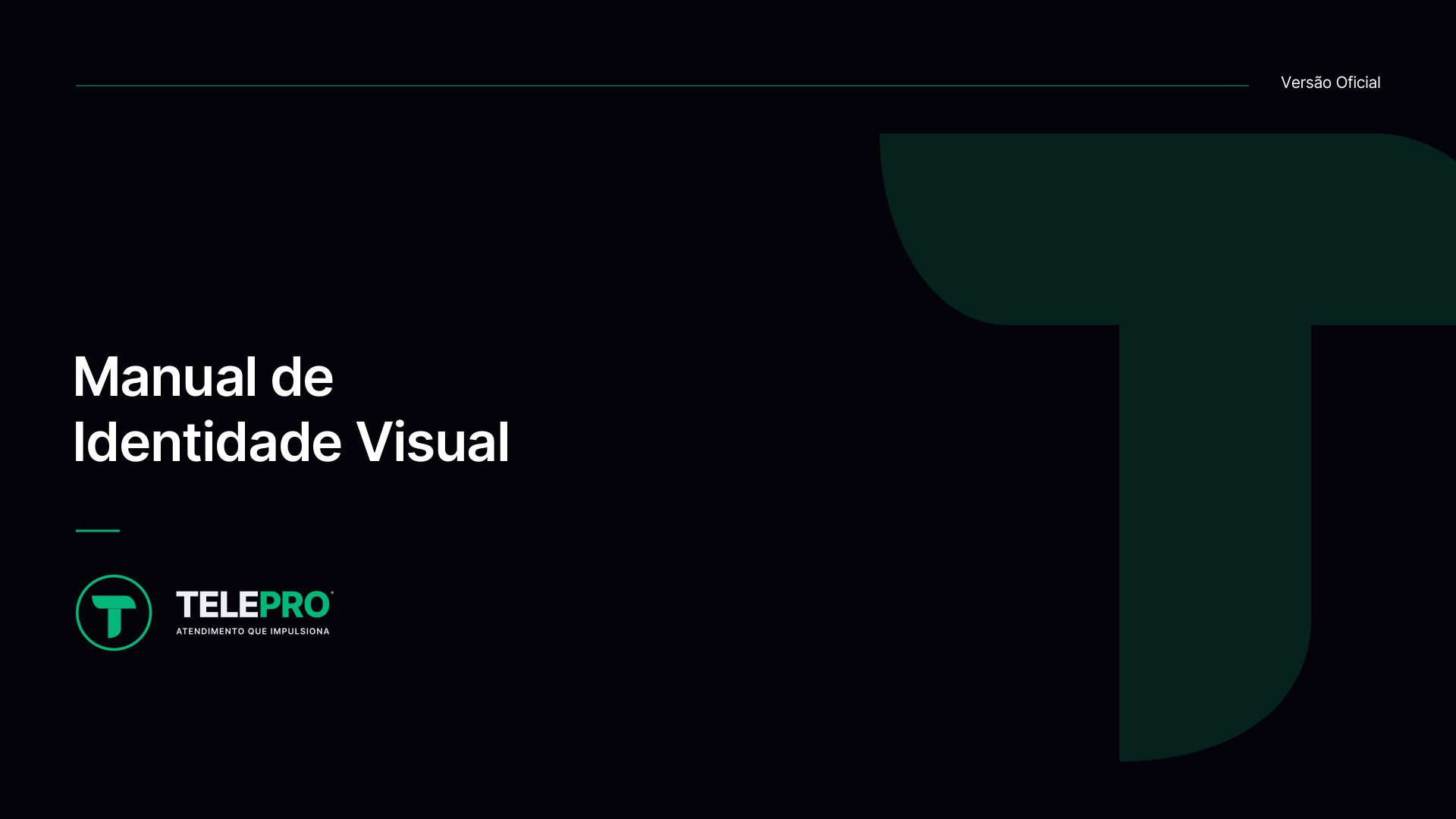 Capa do manual TELEPRO ID: “Manual de Identidade Visual” com o logotipo TELEPRO sobre fundo preto e o T verde ampliado.