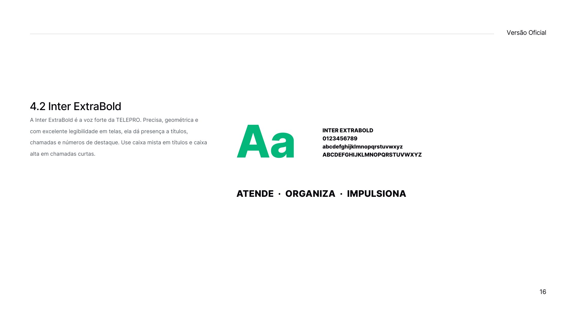 Prancha 4.2 do manual TELEPRO com a Inter ExtraBold, o alfabeto e a assinatura “Atende · Organiza · Impulsiona”.