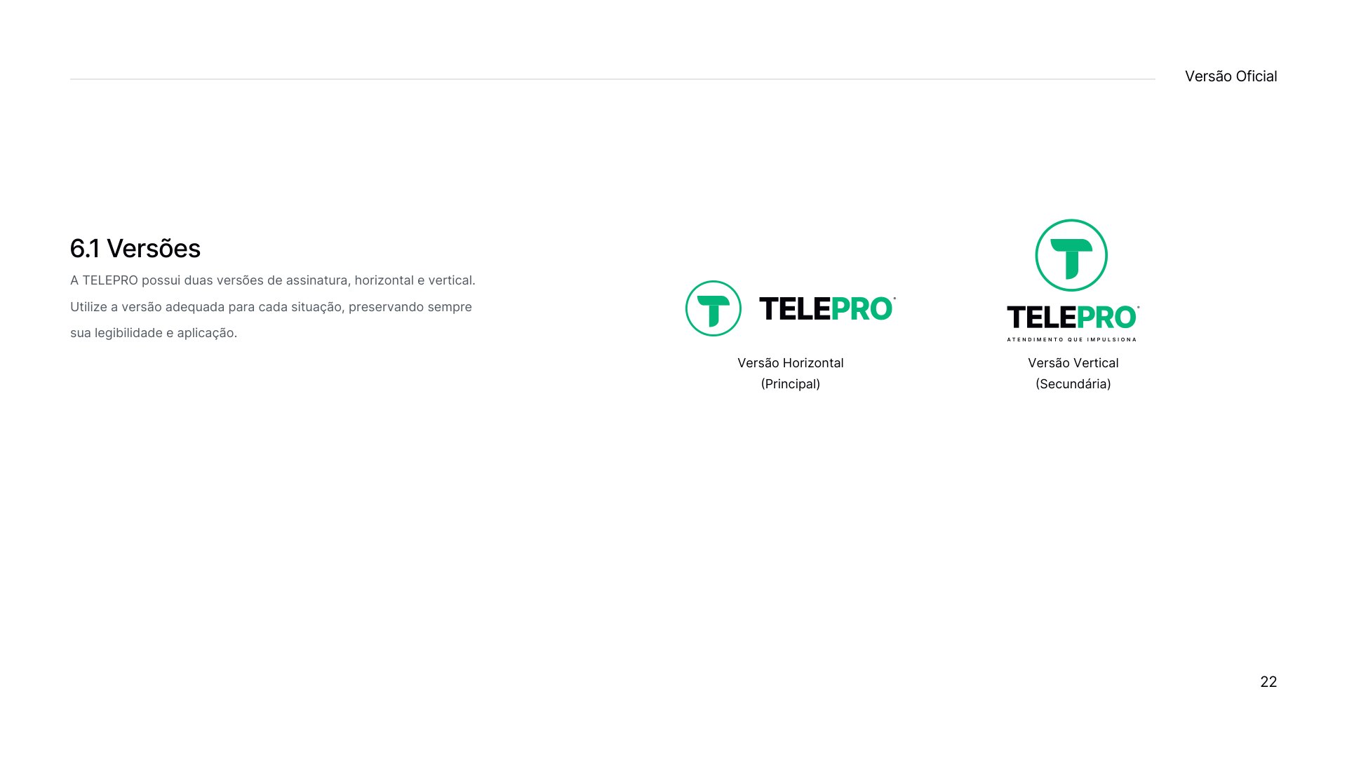 Prancha 6.1 do manual TELEPRO com as versões oficiais do logotipo: horizontal e vertical.