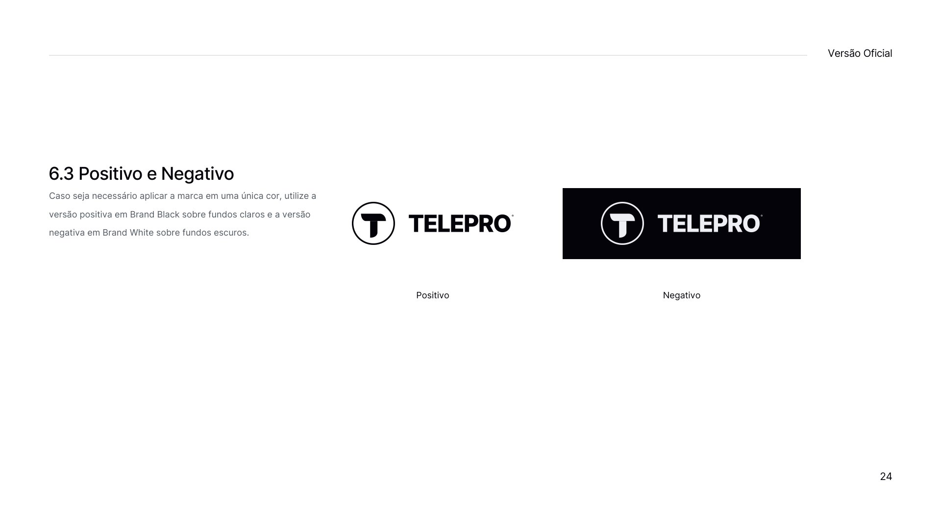 Prancha 6.4 do manual TELEPRO mostrando usos incorretos do logotipo: cor alterada, distorção, rotação, sombra e troca de fonte.