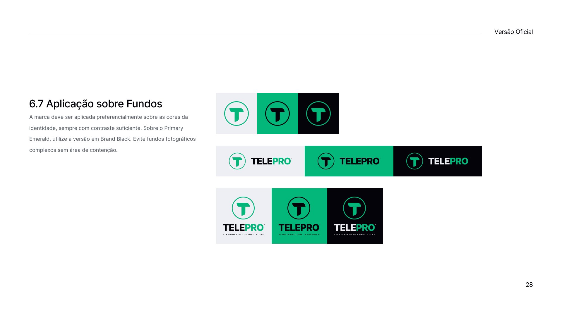 Prancha 6.7 do manual TELEPRO com o logotipo aplicado sobre fundos claros, verdes e escuros.