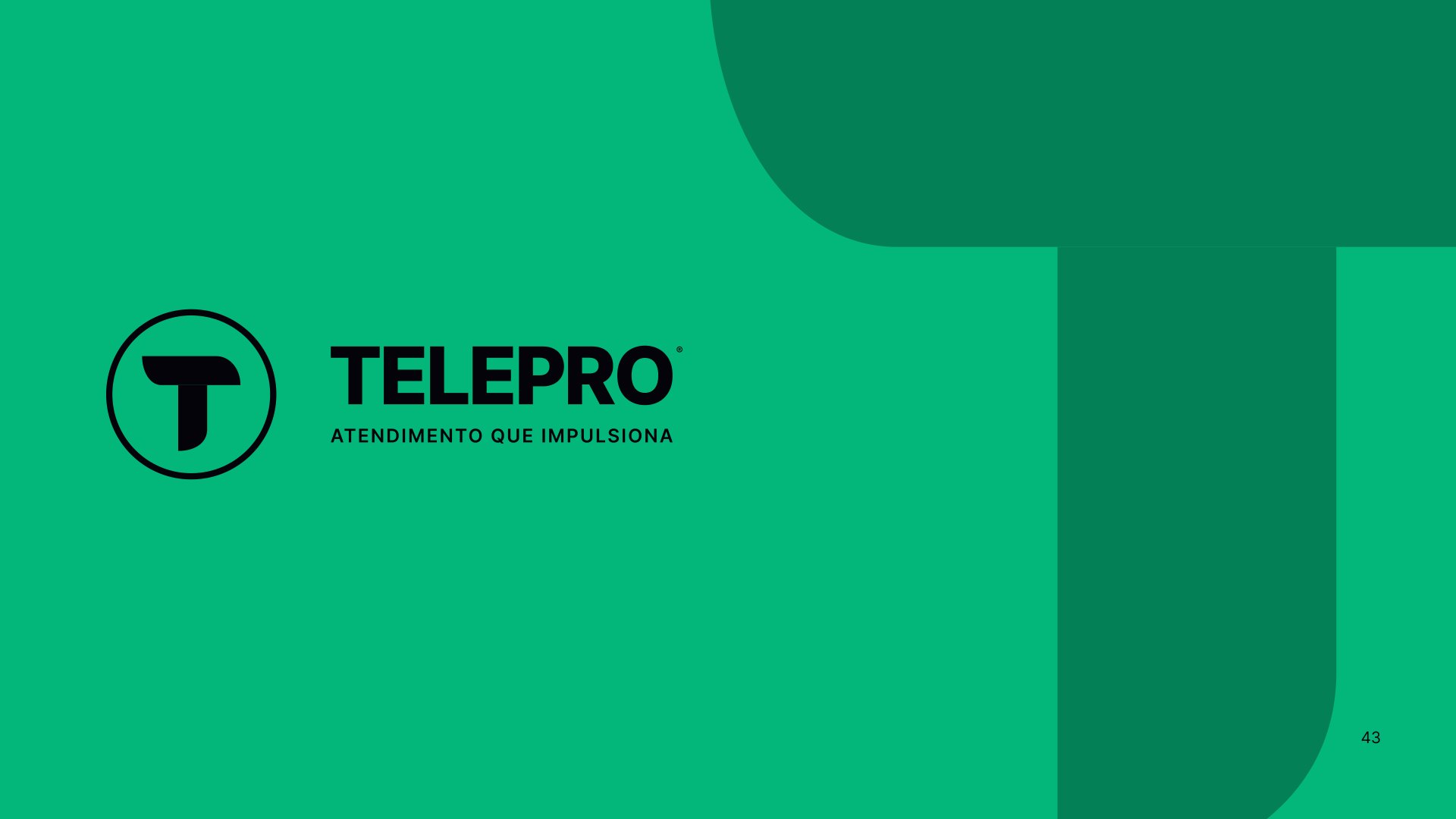 Prancha do manual TELEPRO com o logotipo horizontal em preto sobre o verde da marca e o T ampliado ao fundo.