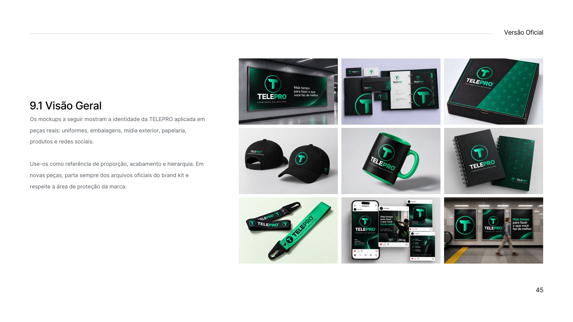 Prancha 9.1 do manual TELEPRO com a visão geral dos mockups: uniformes, boné, caneca, embalagens, papelaria, chaveiro, celular e painel.