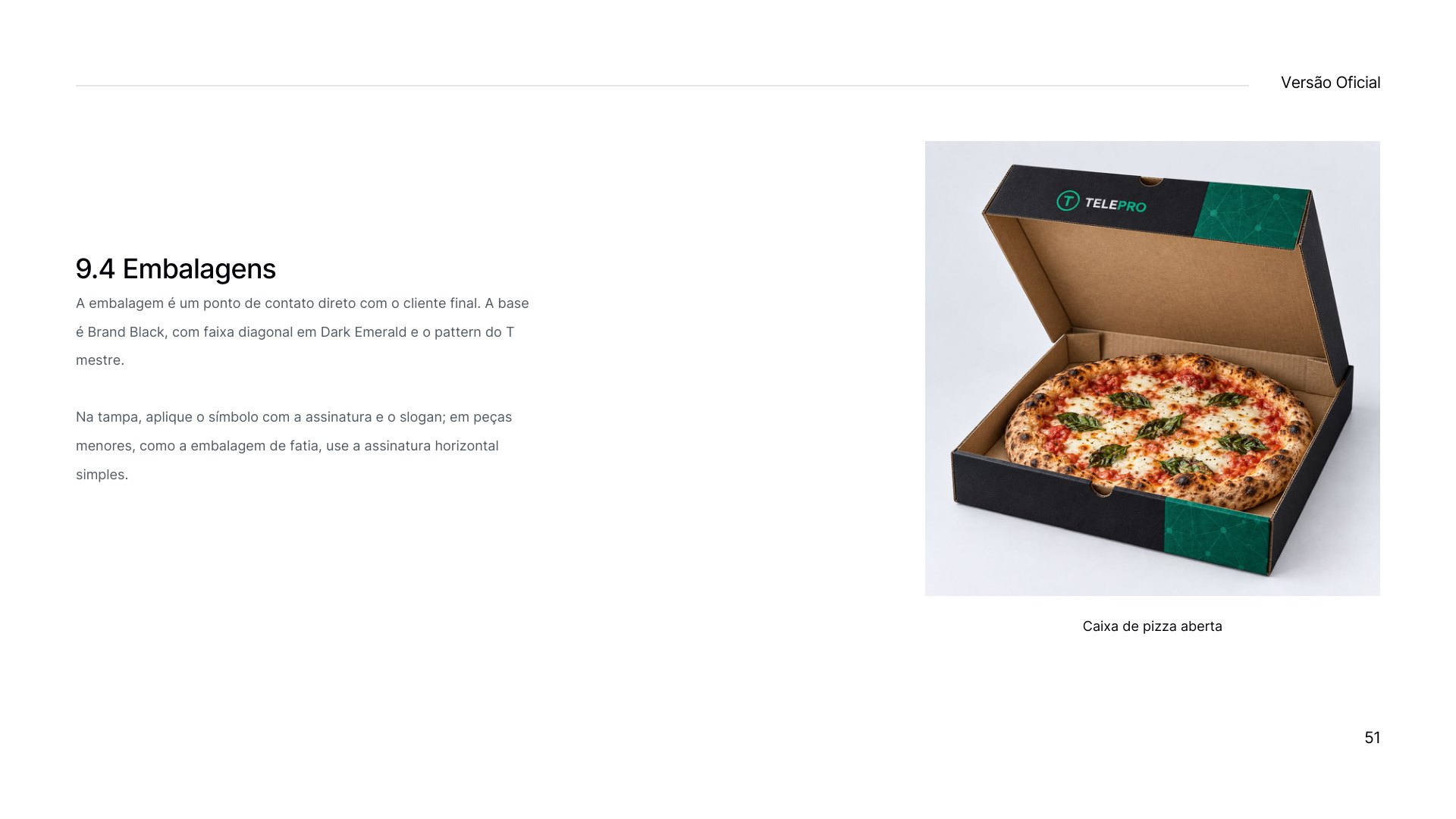 Prancha 9.4 do manual TELEPRO com caixa de pizza preta e verde aberta, com a marca TELEPRO.