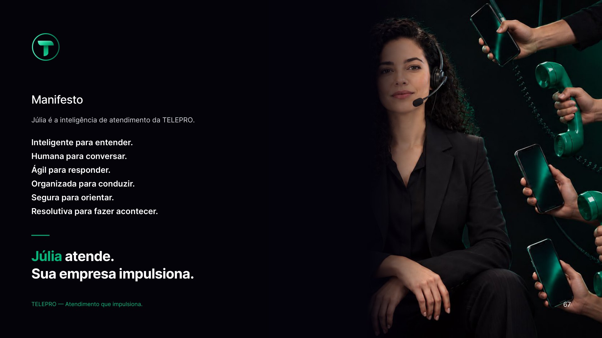 Prancha de manifesto do manual TELEPRO com a Júlia de headset e o texto “Júlia atende. Sua empresa impulsiona.”