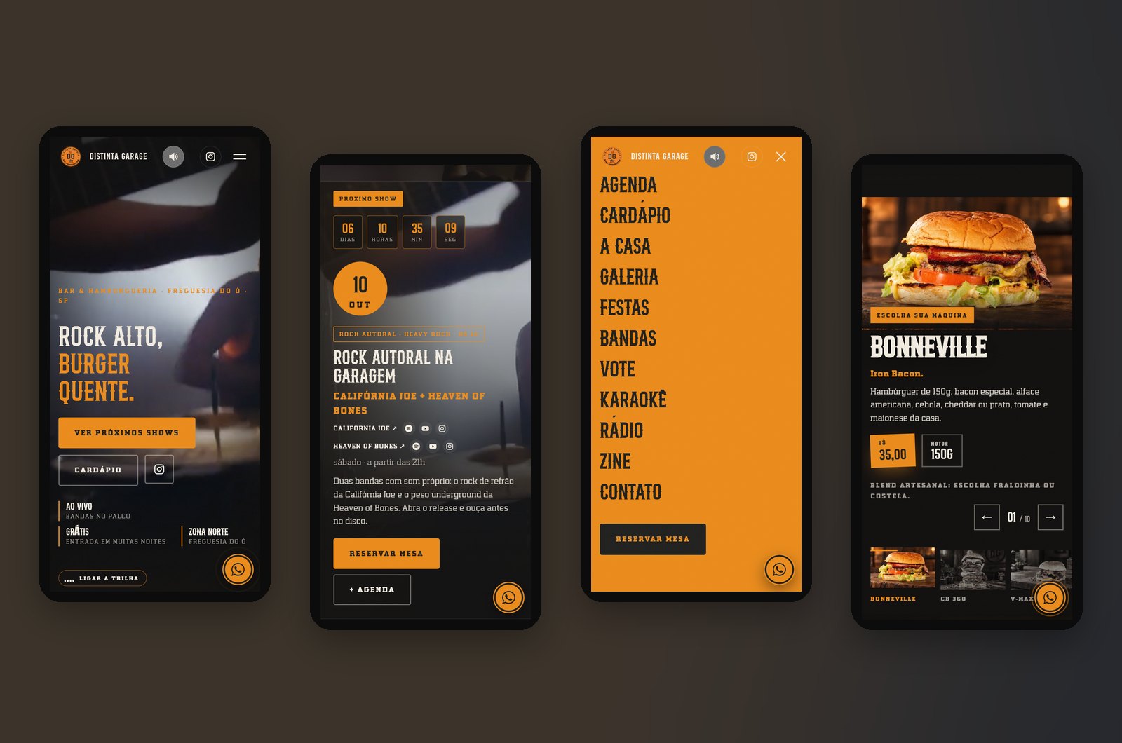 Quatro telas do site da Distinta Garage no celular: a abertura com “Rock alto, burger quente”, o próximo show com contagem regressiva, o menu laranja e a vitrine do hambúrguer Bonneville.