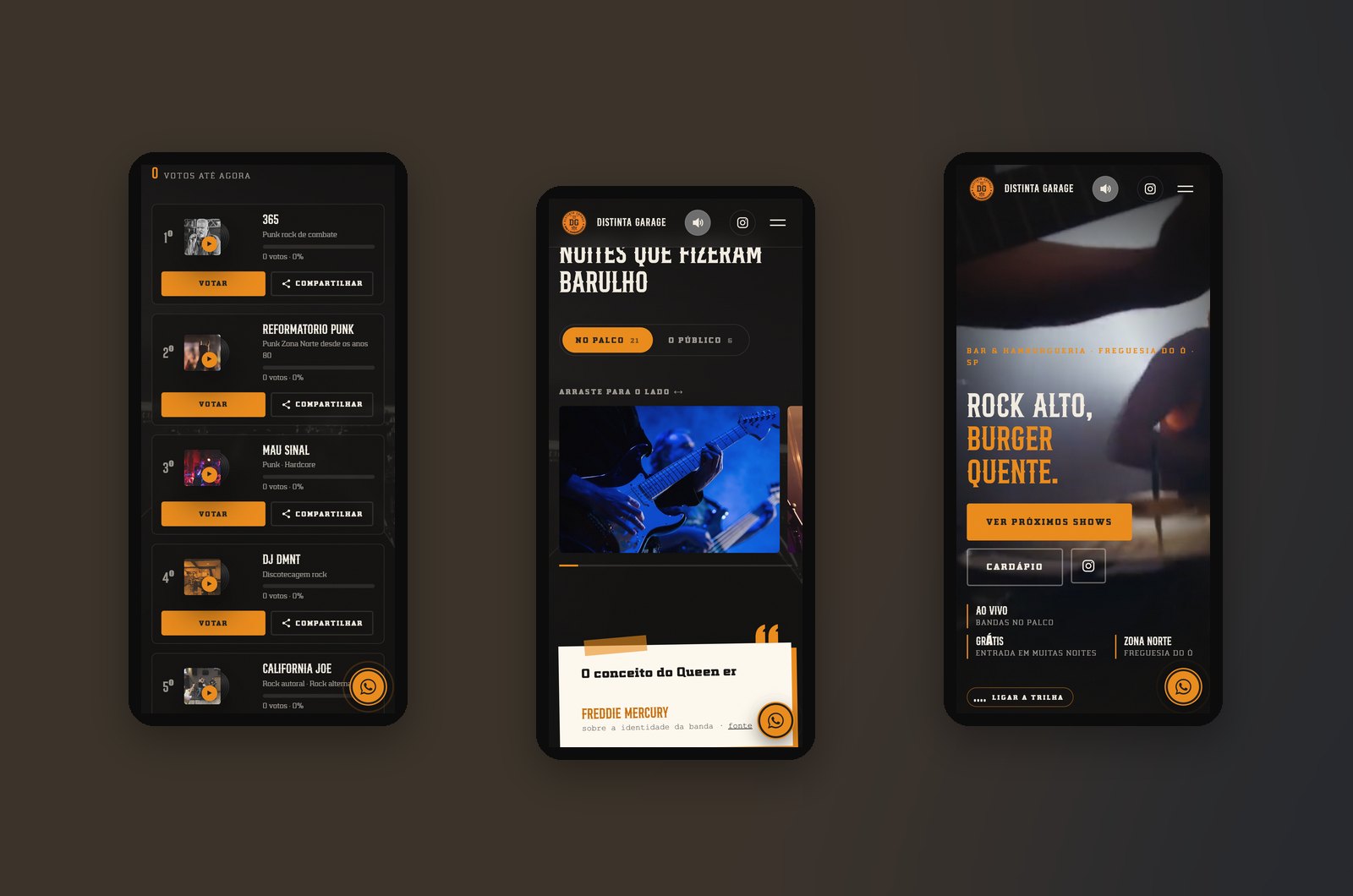 Três telas do site no celular: o ranking da votação com discos de vinil, a galeria em carrossel de arrastar e a abertura do site.