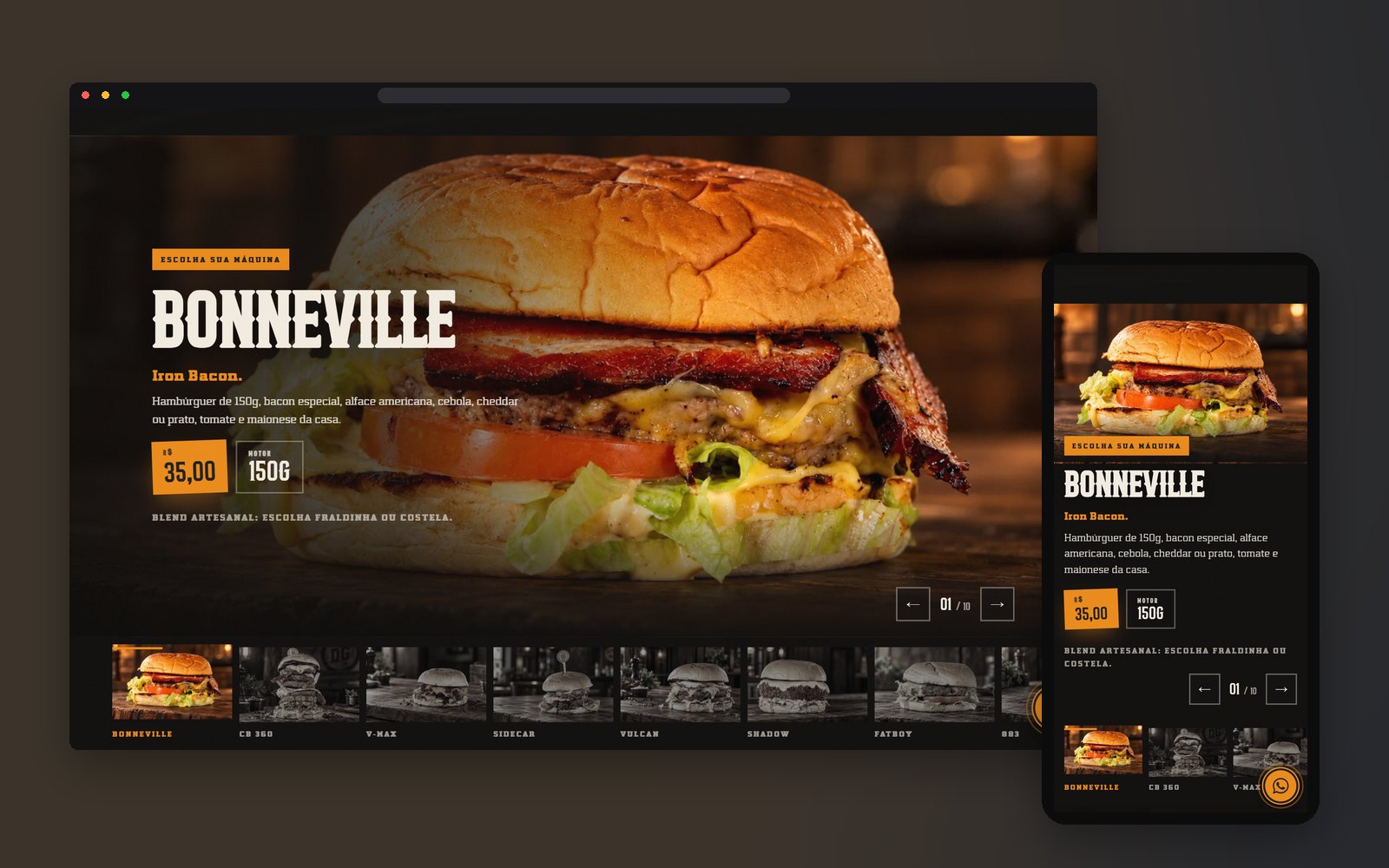 Vitrine de hambúrgueres do site no computador e no celular: o burger Bonneville em foto grande, com a frase Iron Bacon, ingredientes, preço de 35 reais e o peso de 150 gramas.
