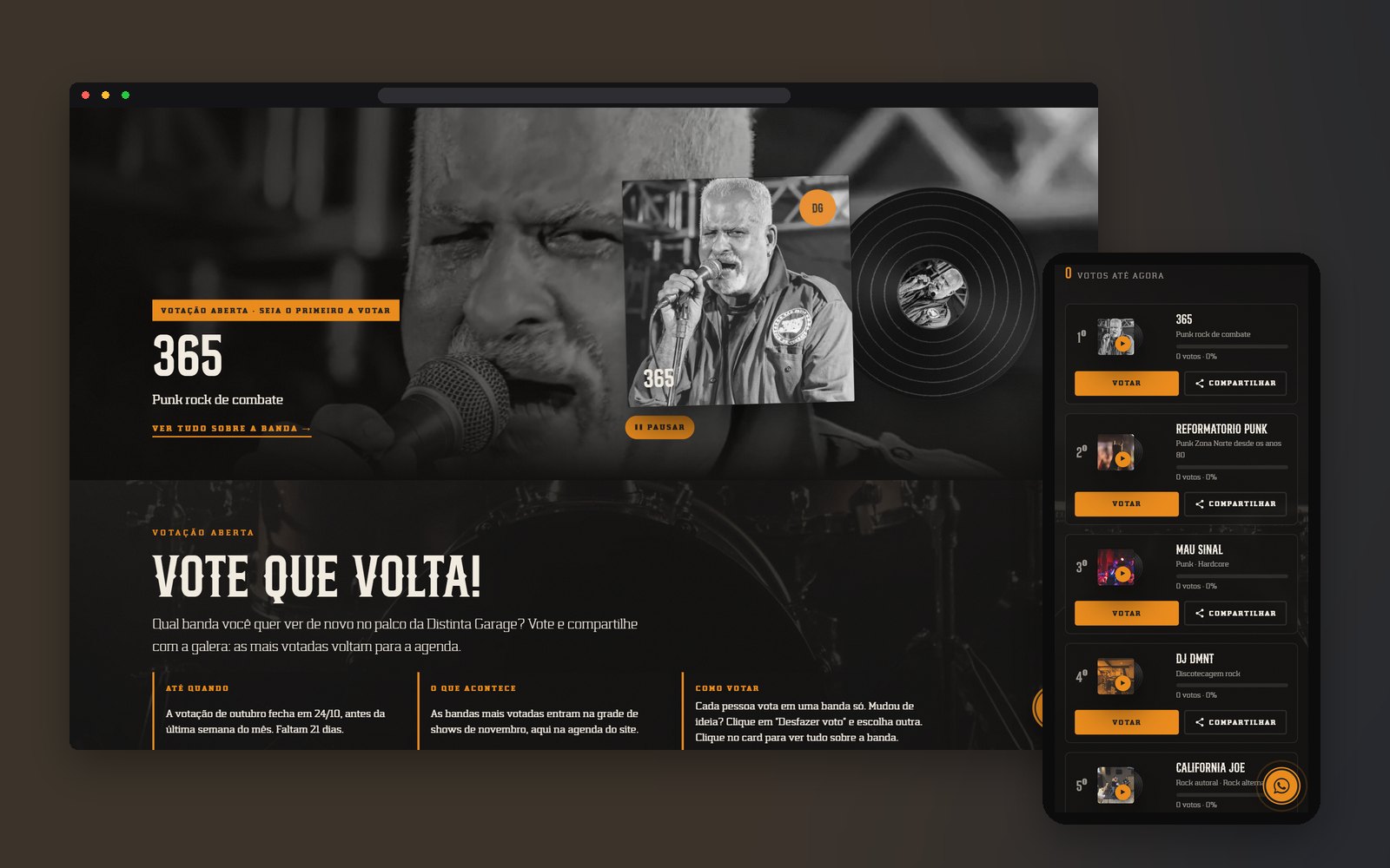 Seção Vote que volta no computador e no celular: banner da banda mais votada com disco de vinil girando e, abaixo, o ranking das bandas com botões Votar e Compartilhar.