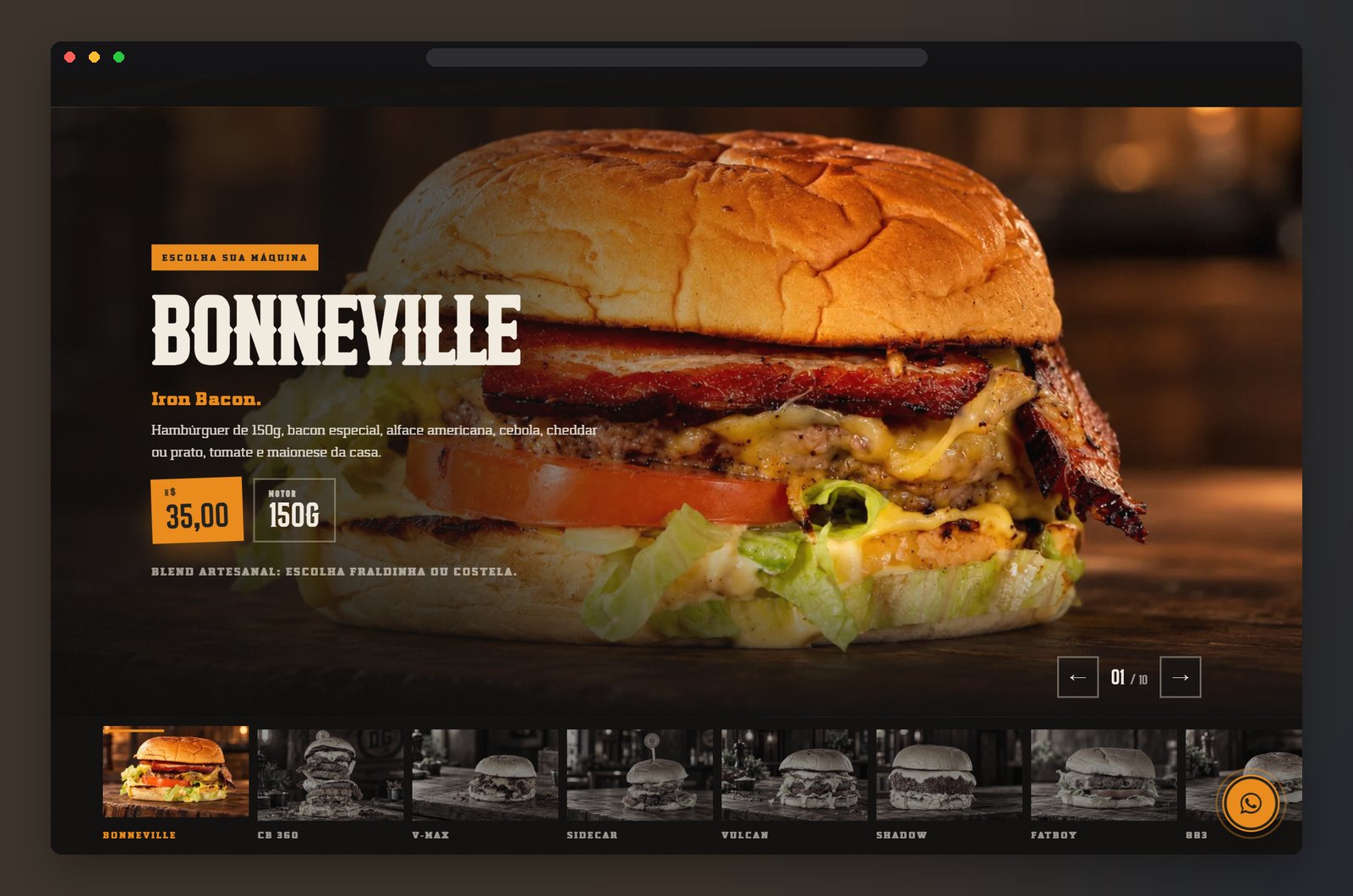 Vitrine do hambúrguer Bonneville em tela cheia no computador, com a fileira de miniaturas dos outros burgers embaixo.