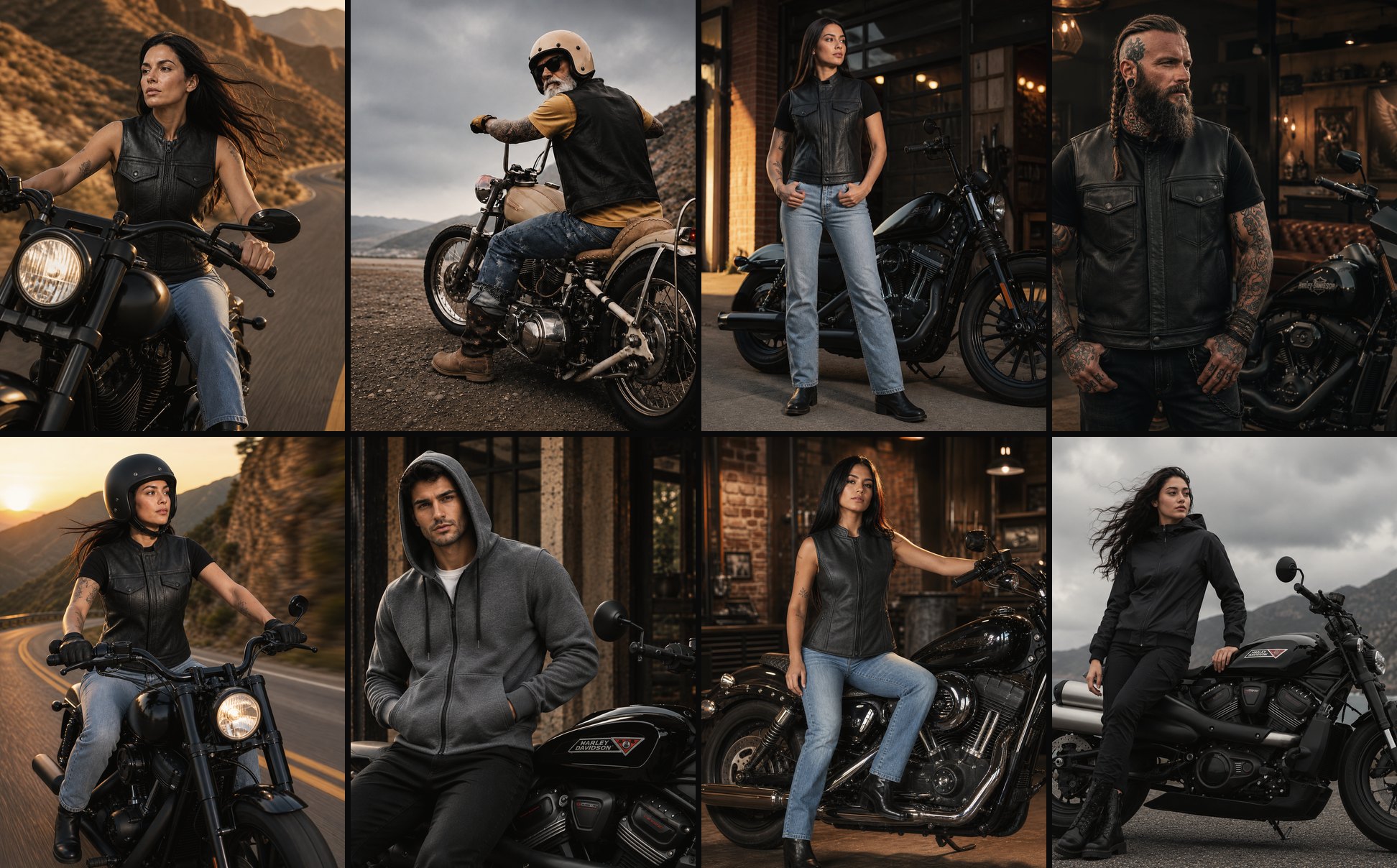 Grade com oito retratos editoriais de motociclistas — homens e mulheres com coletes e jaquetas, ao lado de motos, em estrada, oficina e loft.