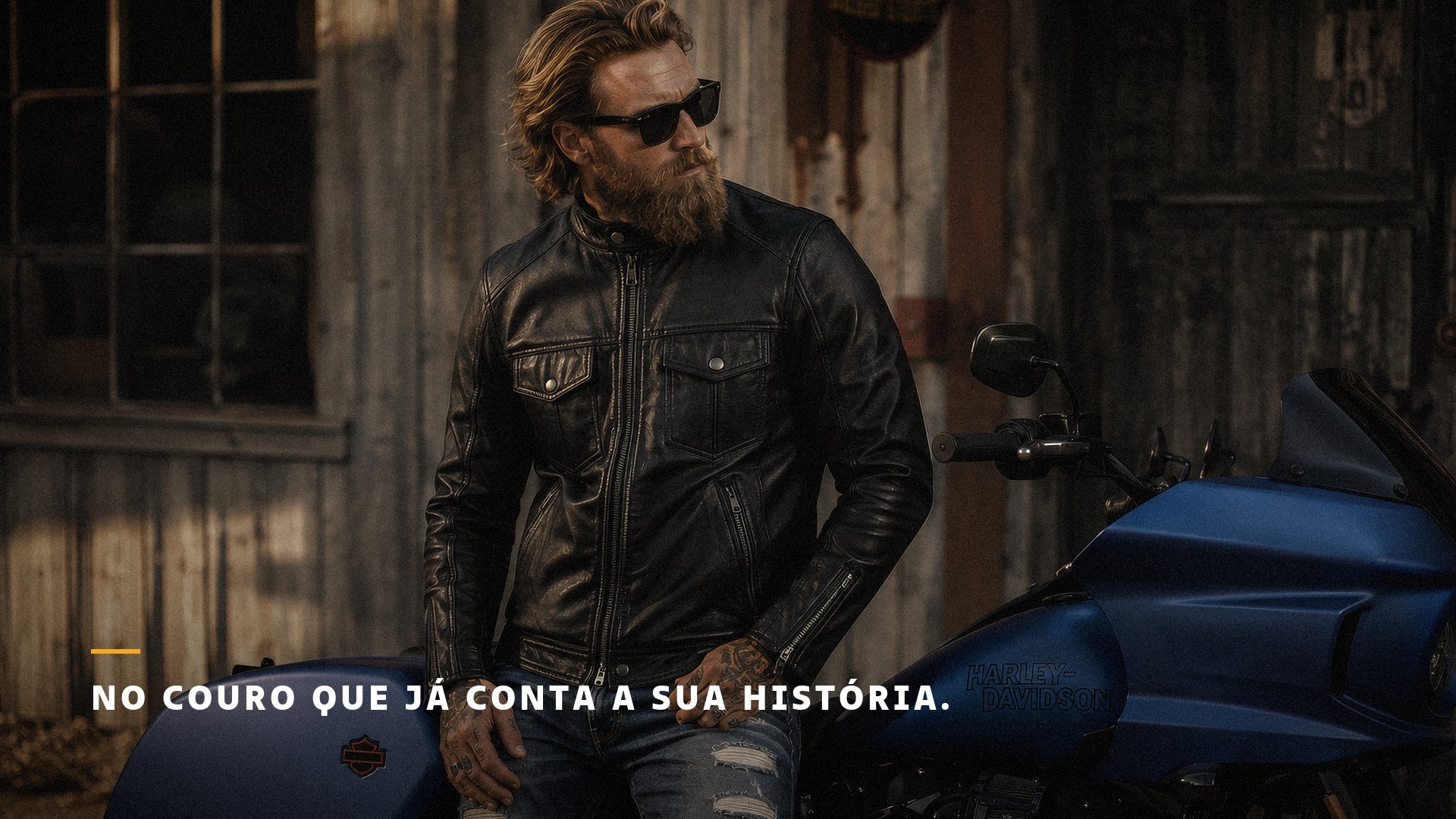 Quadro-chave do filme: homem de barba e óculos escuros com jaqueta de couro preta ao lado de uma moto azul, com a frase “No couro que já conta a sua história” em branco.