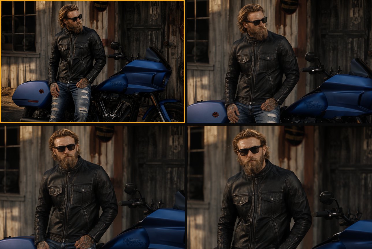 Quatro quadros lado a lado: a foto original de um homem de jaqueta de couro ao lado de uma moto azul, com moldura amarela, e três momentos do clipe gerado a partir dela, em que ele vira o rosto para a câmera.