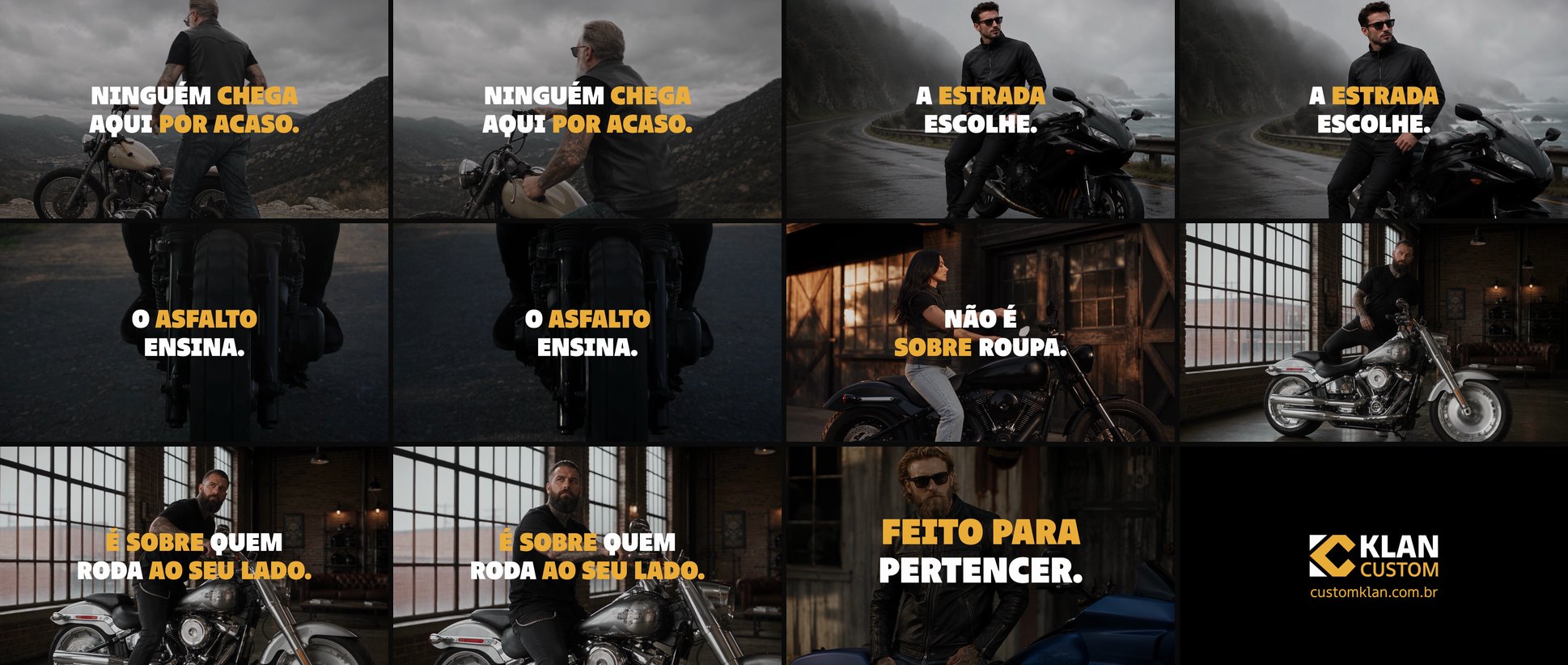 Doze quadros do filme final em sequência, com as frases do manifesto em branco e amarelo e, no fim, o logo da Klan Custom sobre fundo preto.