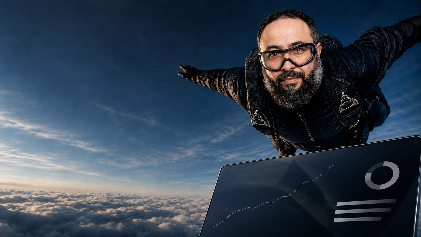 Painel de dados com curva de crescimento flutuando nas nuvens, ao lado do paraquedista.